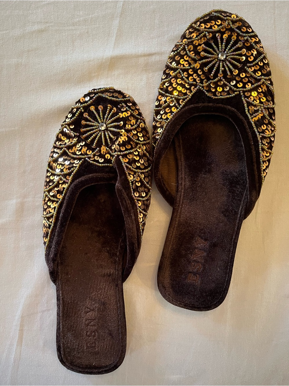 ESNY Brown Velvet Gold Sequin Bead Rhinestone  Mule Slide Shoes, Size 7-8 (?)